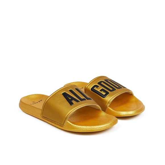 •All Good• Gold Graphic Print Mens Slides - Picture 2 of 4